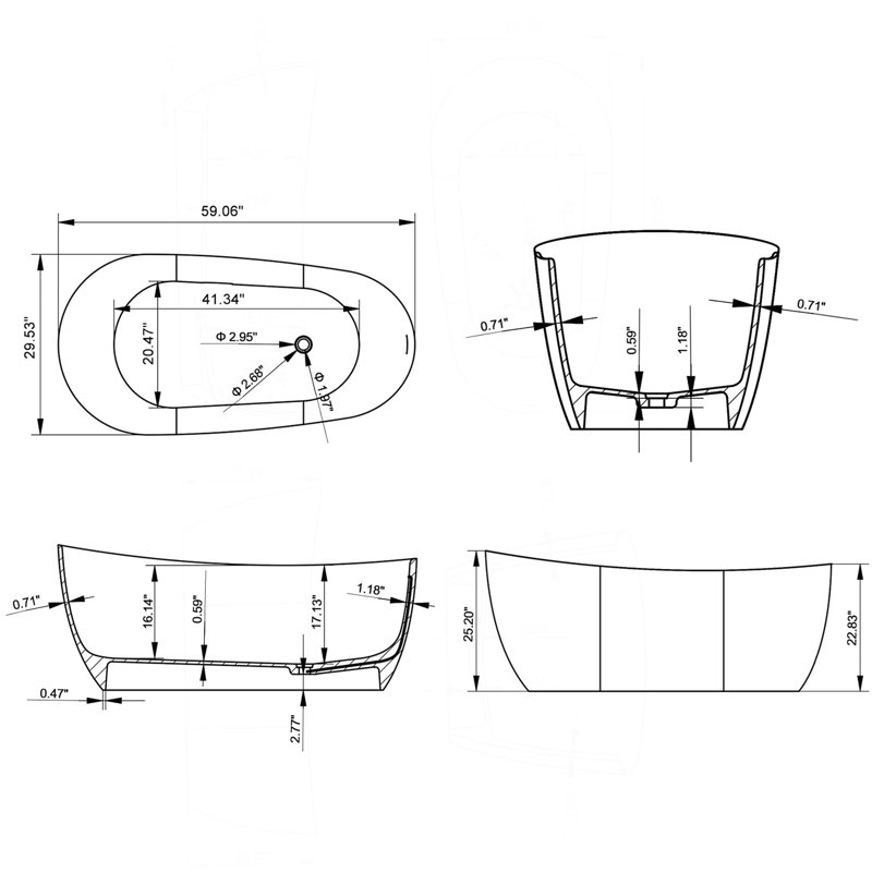 Baignoire de trempage autoportante de 59 pouces à surface solide blanc mat 25S28-15PS