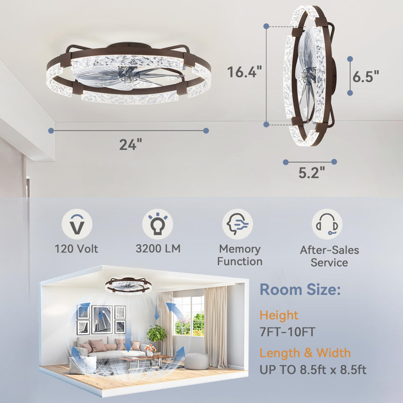 24 Inch Low Profile Ceiling Fans with Lights and Remote, Brown