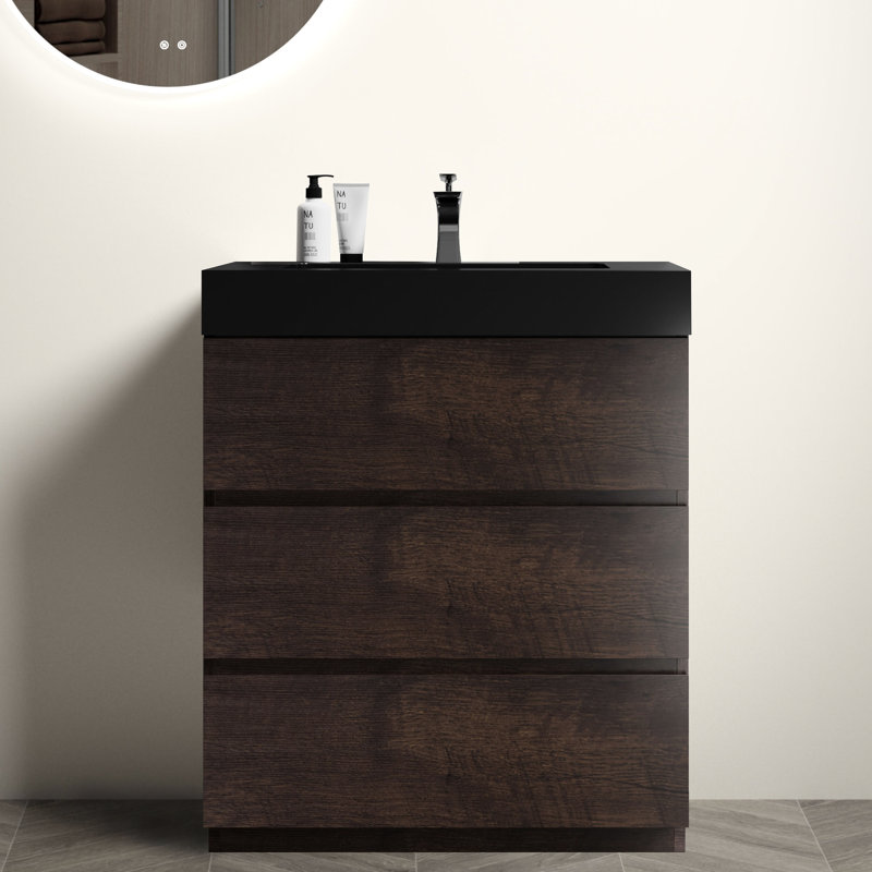 30" Bathroom Furniture - Vanity With Max Storage Modern Smooth, Handle- Design, Walnut, Black, 29"