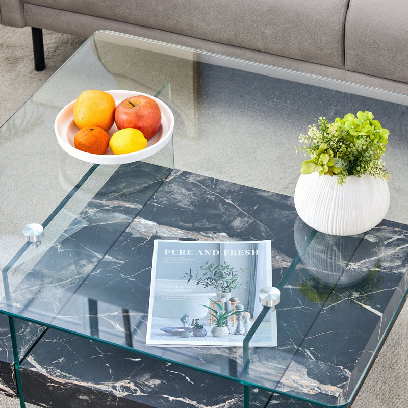 31.4 Inch Modern Two-Tier Square Coffee Table - An Elegant Combination of Clear Glass and Marble Pattern Sticker.It can be used as a coffee table,a side table or a display stand