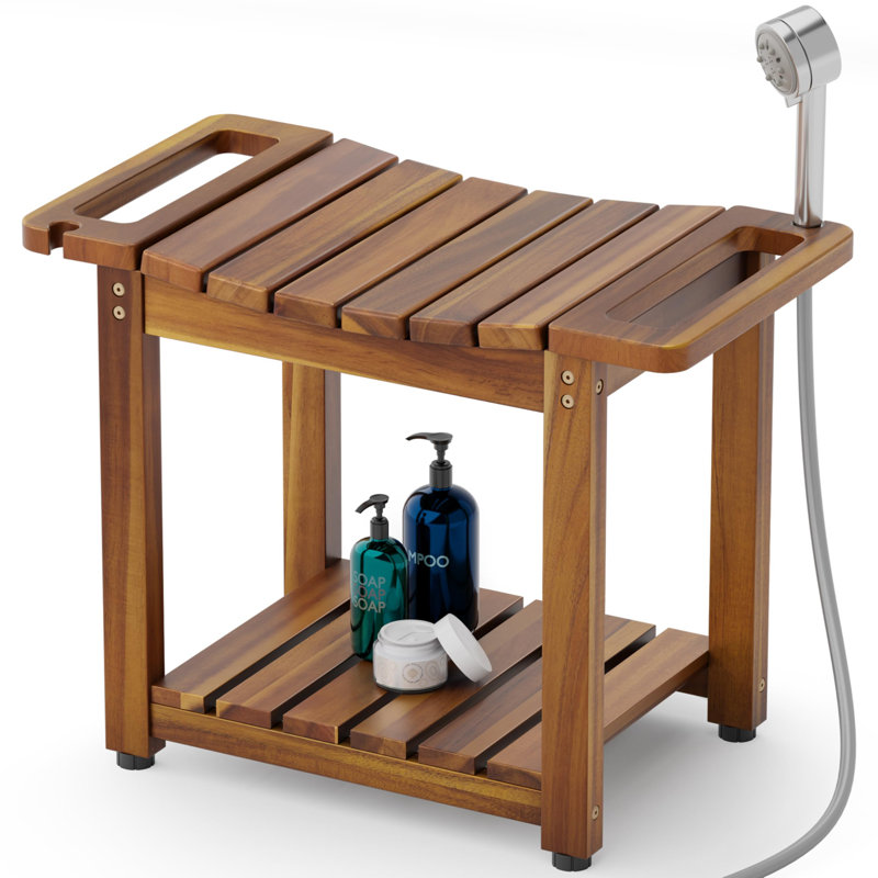 Natural Wood Shower Benches For Inside Shower To Sit On, Waterproof Bathroom Spa Bench Stool For Legs Shaving With Built-In Handle & Shower Head Holder