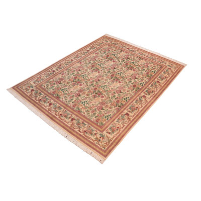 Tapis beige / rouge / vert en laine noué à la main 7 pi 11 po x 10 pi 4 po Paavan