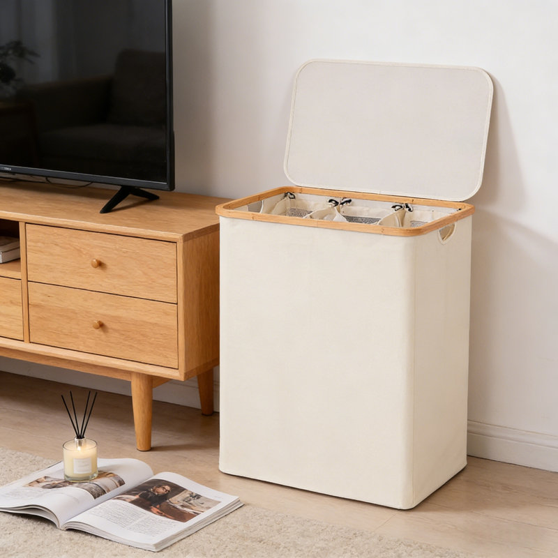 Triple Hamper With Lid, 160 L Beige, Three Removable Liners & Bamboo Handles, 3-Section Laundry Basket For Bedroom, Bath Or Laundry Room