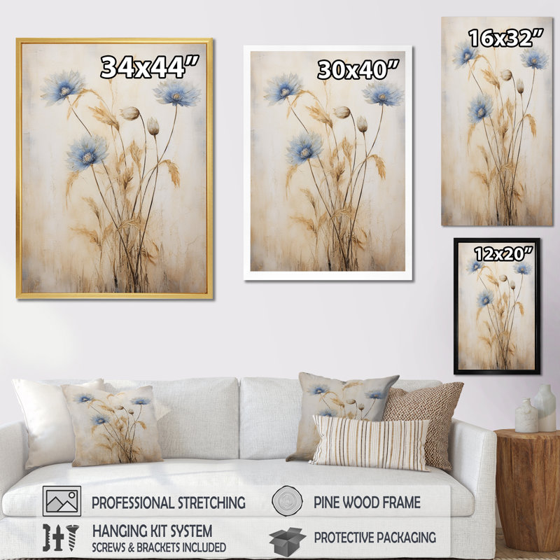 «Minimal Beige and Blue Cornflowers Expression II», reproduction sur toile, Toile tendue, 20" H x 12" W