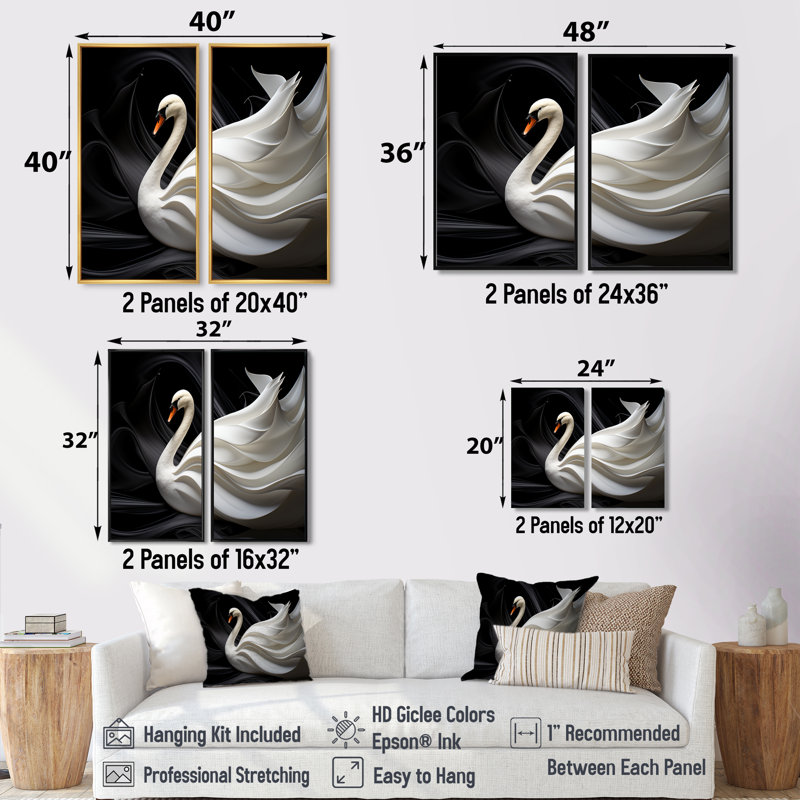 Noir et blanc «Elegy of a Swan» - art mural blanc, H 20 po x l 24 po, Impression encadrée flottante, Noir