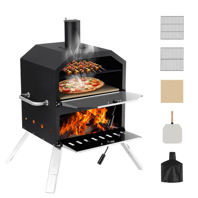 Four à pizza en acier autoportant en acier pour l'extérieur avec deux zones de cuisson en noir