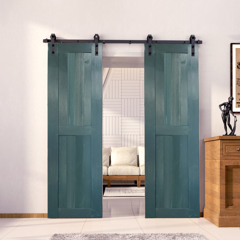 Porte en bois de pin non assemblé H Design avec quincaillerie d'installation rustique noire à deux portes, Pin royal