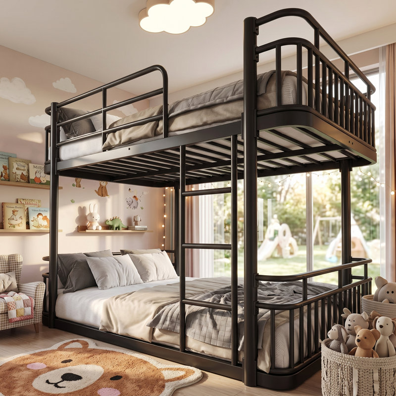 Lit superposé en métal avec garde-corps et échelle Kittredge, lit superposé pour enfant peu encombrant pour les chambres partagées, structure ronde en tuyau durable