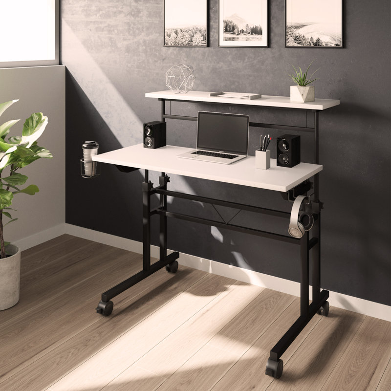 Bureau d'écriture à roulettes mobili - Hauteur réglable avec tablette mobile et roulettes verrouillables, Blanc