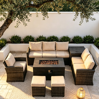 8-Seater Outdoor Patio Sectional Set with 50,000 BTU Fire Pit Table, Galvanized Steel Frame PE Wicker Conversation Set with Storage Box & Ottoman, 8-Seater Furniture for Backyard & Garden