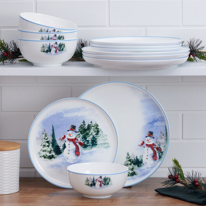 Snowman Forest 12-Piece Lightweight Chip-Resistant Bone China Dinnerware Set, Service for 4