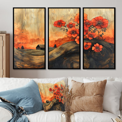 «Geraniums Flowers At Barn Landscape III» - art mural géraniums - ensemble de 3