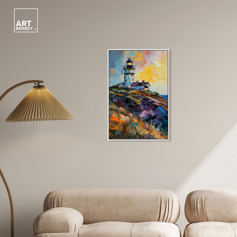 Colorful Lighthouse Impressionism Canvas Art with White Frame, 21" x 31"