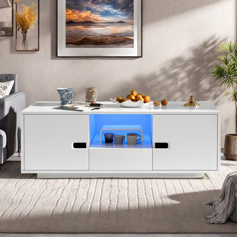 Modern High Glossy Rectangle Coffee Table With 2 Cabinets, One Drawer, 16 Colour Led Lights And A Open Shelf, White