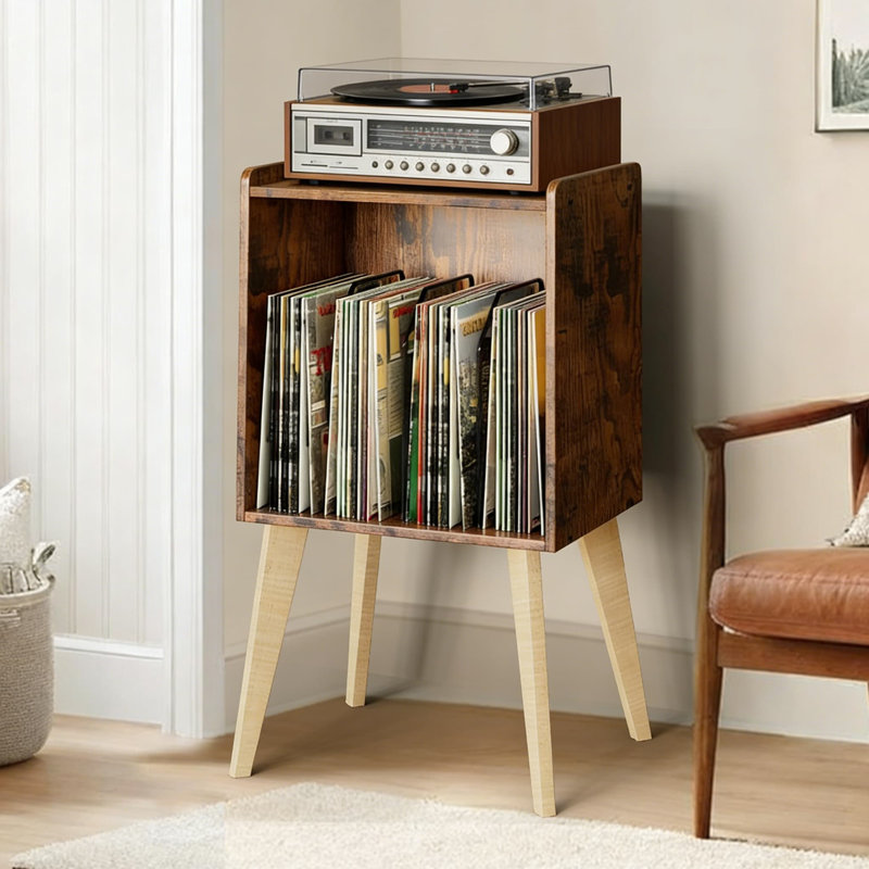 Mid-Century Modern Record Player Stand With Storage - Minimalist Vinyl Record Shelf Holds 160 Albums, Turntable Cabinet For Living Room & Bedroom