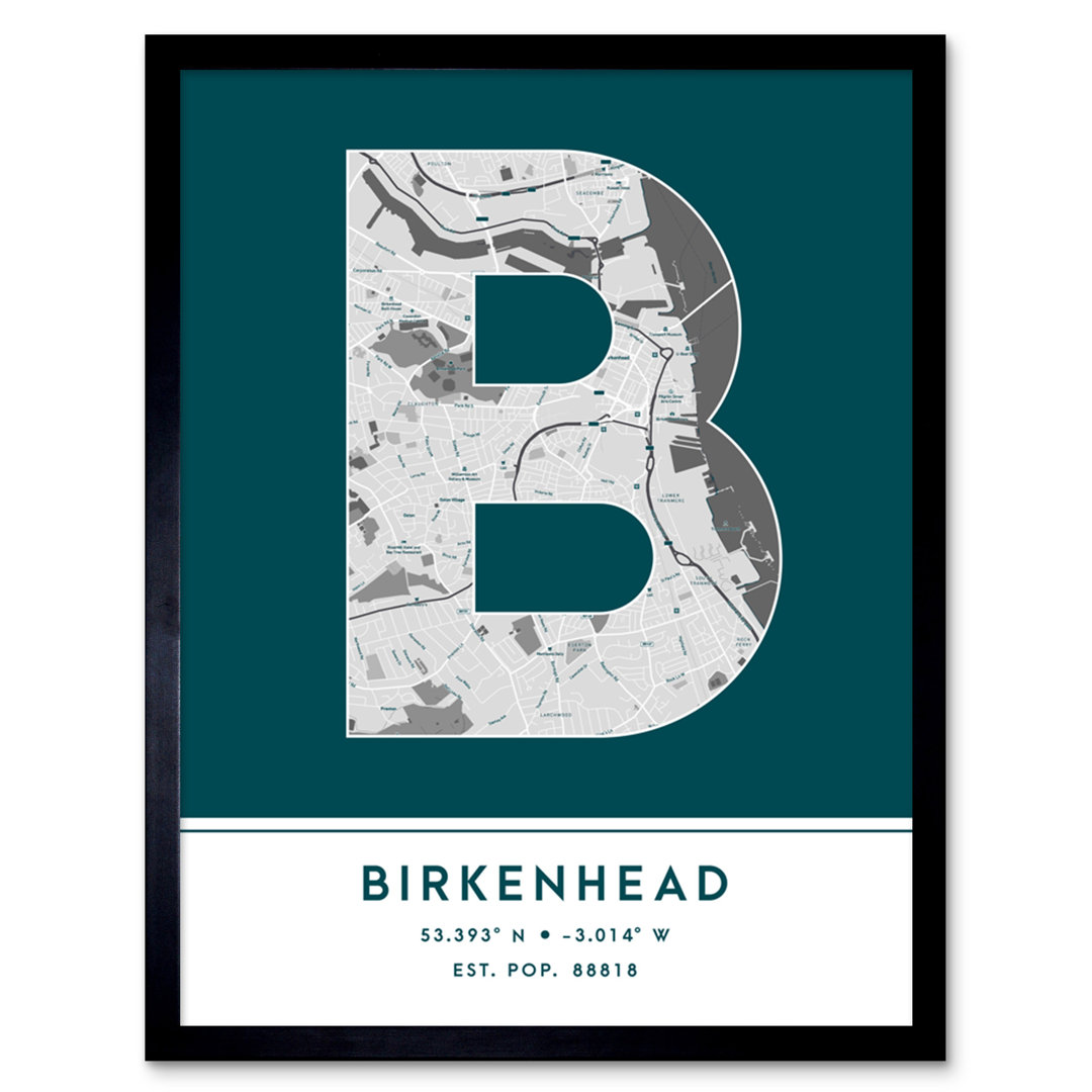 Birkenhead City Map Birkenhead Teal - Single Picture Frame Typography