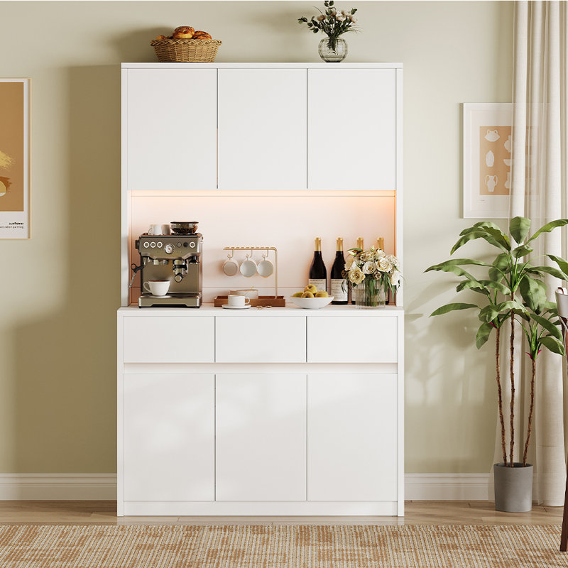 Garde-manger de 71 po de hauteur avec tablettes réglables, 3 tiroirs, huche de rangement de coin café, Blanc