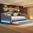 Full XL Upholstered Daybed with LED Light Strip and Pull-Out Trundle, Linen Platform Frame with Backrest-229977457