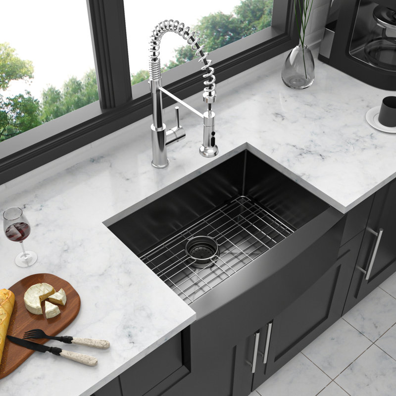 24" Sink In Gunmetal Black - 16 Gauge Stainless Steel Apron Front, Scratch & Bump Resistance Mechanism, No Water Stain, Heat , Material, Soundproof Padding, Effective Drainage, R10 Rounded Corner,