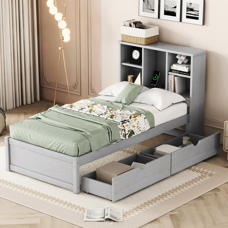 Lit simple gris avec utilitaire et 2 tiroirs de rangement, tête de lit avec bibliothèque et tiroirs, Gris