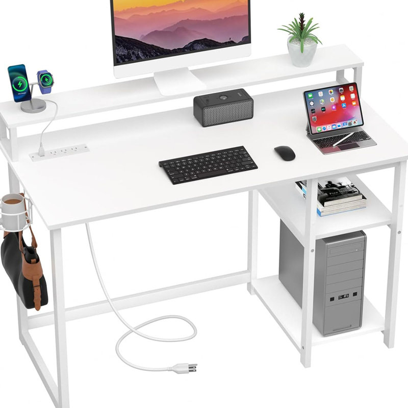 Computer Desk With USB Charging Port And Power Outlet,Reversible Small Desk With Monitor Stand And Storage Shelves For Home Office, Work Desk With Cup Holder Hook