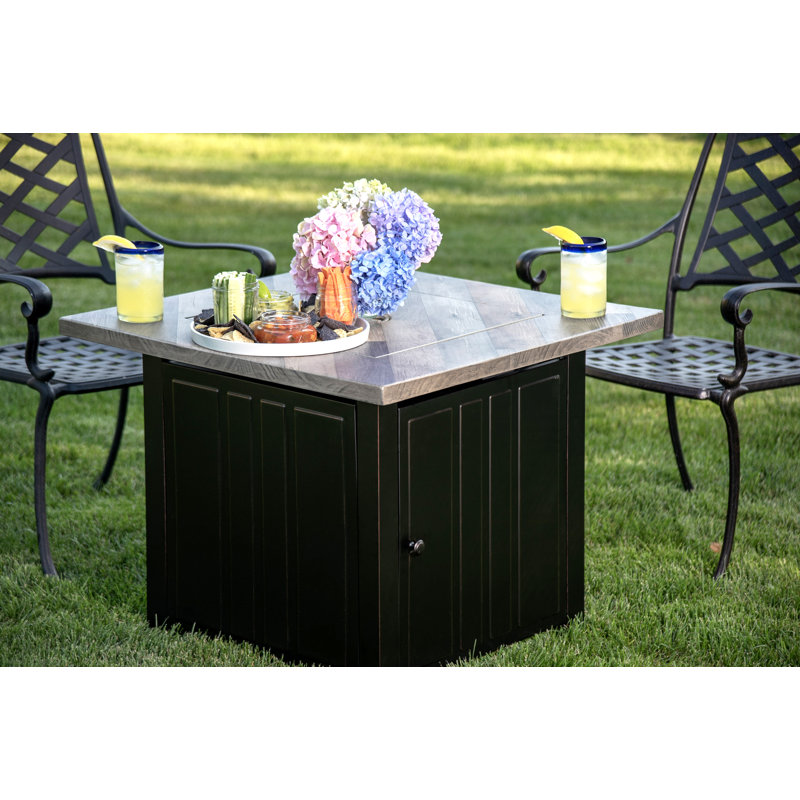 Black and Gray Steel Gas Fire Pit Table with Faux Wood Mantel