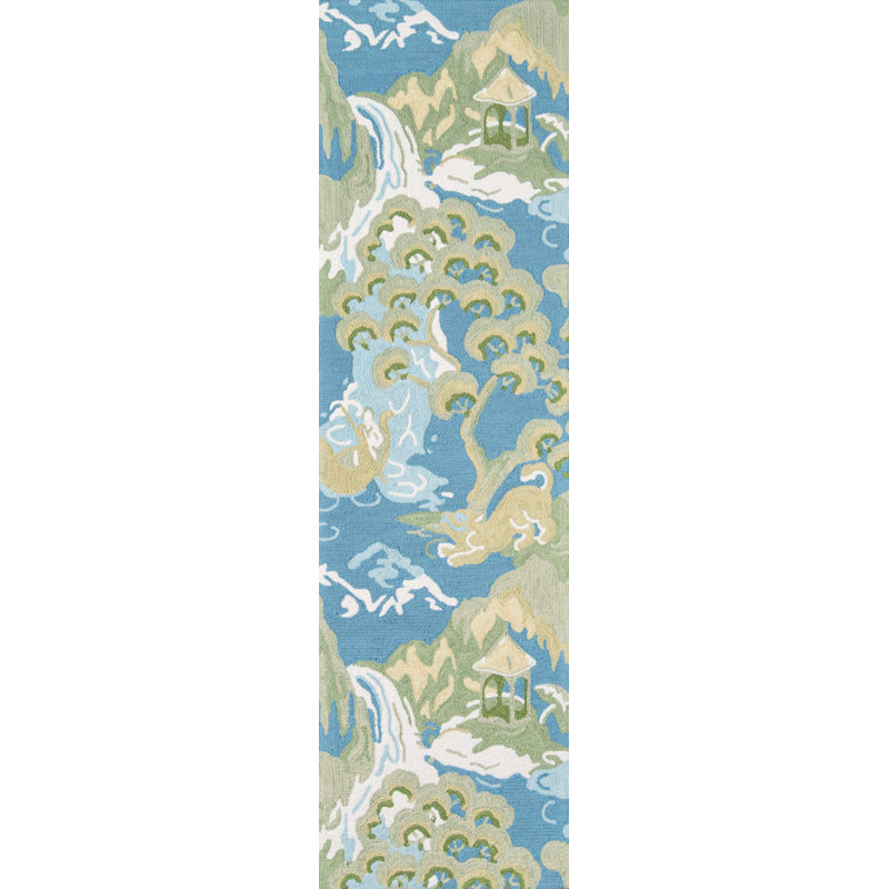 Tapis bouclé / crocheté à la main en coton vert / bleu / azur Embrace, Tapis de couloir 2 pi 3 po x 8 pi
