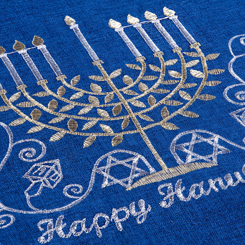 Blue Hanukkah Menorah Embroidered Table Runner