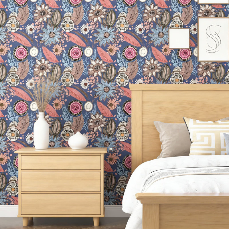 Papier peint adhésif bohème Boho, L 117,96 po x l 17,5 po, Bleu / Rose
