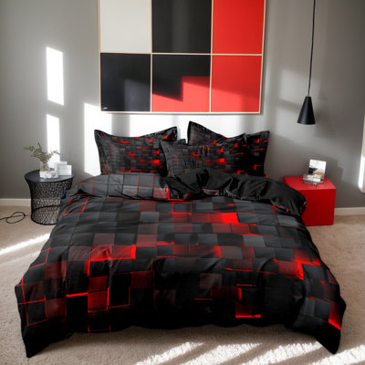 Red And Black Geometric Microfiber Duvet Cover Set With Pillowcases, Digital Print Block Pattern Front With Solid Black Back, Reversible Bedding, Queen, Comforter And Pillow Inserts Not Included