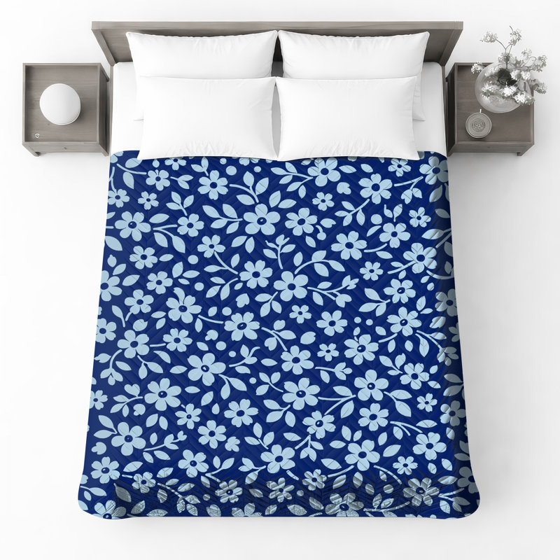 Blue Floral Pattern Quilted Thin Bedspread, Full / Double