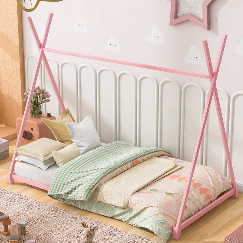 Lit plateforme en métal avec structure triangulaire, rose, Pink