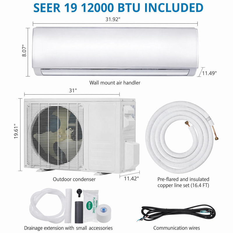 19 SEER2 12000 BTU mini pompe à chaleur et climatisation divisée, refroidit / chauffe jusqu'à 750 pieds carrés, 115 V, 12000