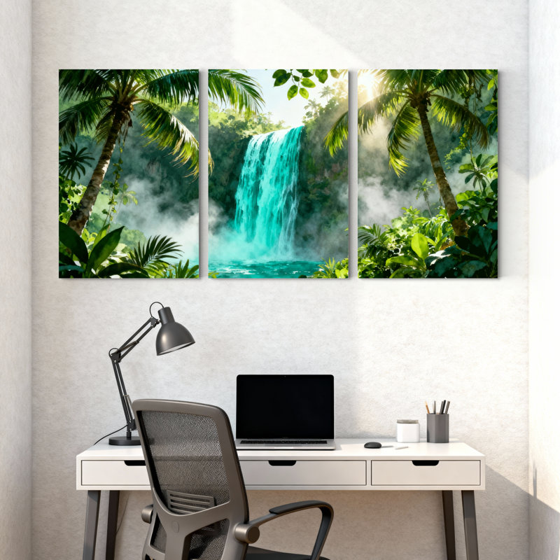 Paysage et nature, cascade tropicale, palmiers, jungle, verdure, réflexion, brume, ensemble de 3 impressions sur toile