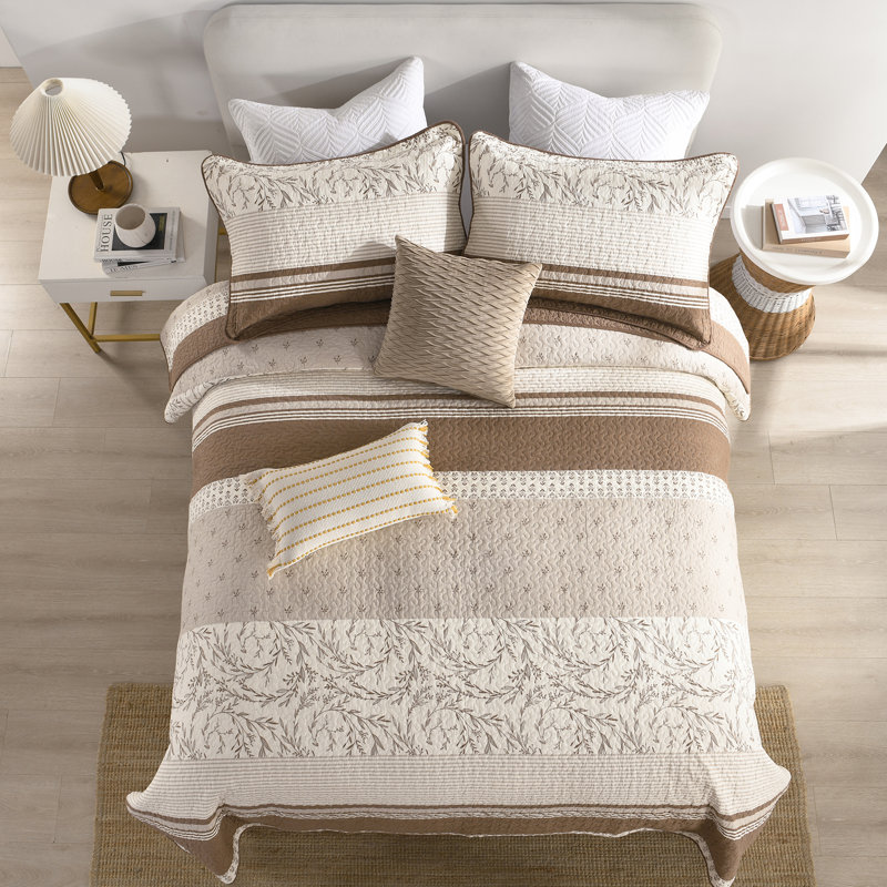 Ensemble de courtepointe en coton, Grand lit, Brun / rayures blanches