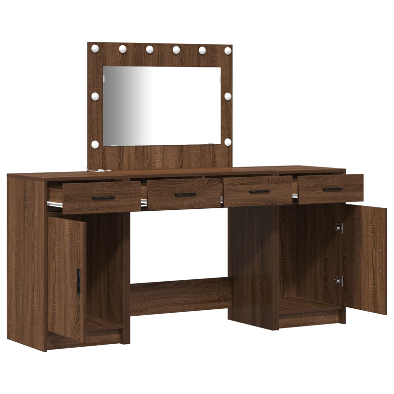 Dressing Table with Mirror and Storage Included, Brown Oak