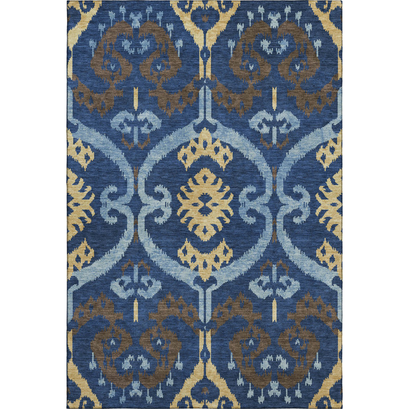 Tapis Villers AMF2614 Ikat de qualité supérieure, lavable à la machine, Marine, 8 pi x 10 pi