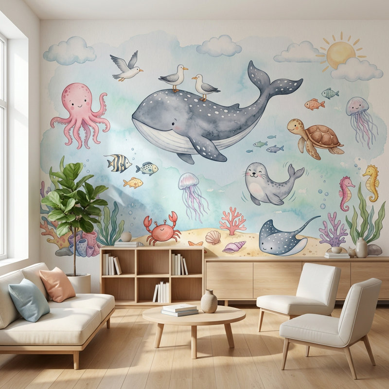 Décoration murale sous-marine marine, 120 po x 96 po, Peler et coller