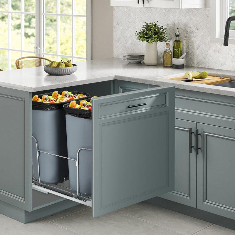Poubelle coulissante double 2 x 25 pte sous l'armoire, poubelle de recyclage des déchets avec glissières à pleine extension, gestion des déchets écologique, poubelle coulissante pour les armoires de cuisine