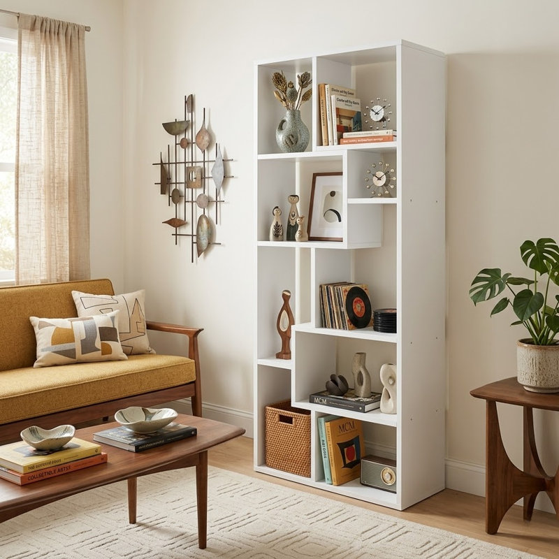 5-tier Modern Geometric Asymmetrical Bookcase, Open Back Etagere Display Shelf, White