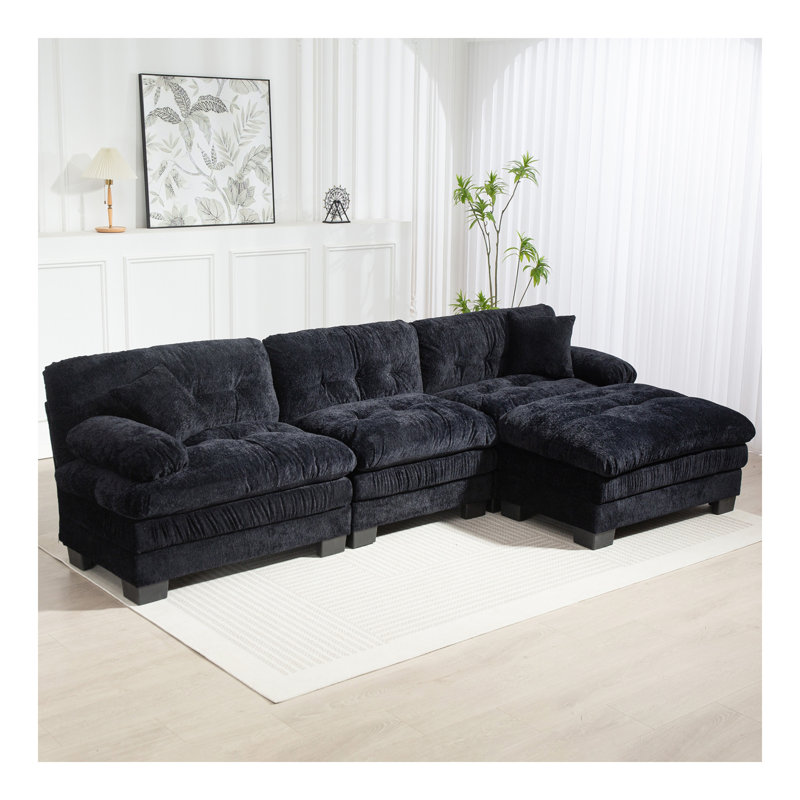Canapé modulaire en L à assise profonde et canapé réversible à 3 places, Chenille noir