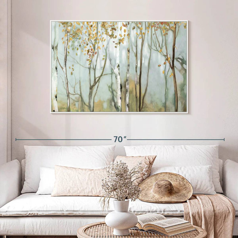 Bouleau dans le brouillard II, 46 po x 31 po, Cadre flottant blanc