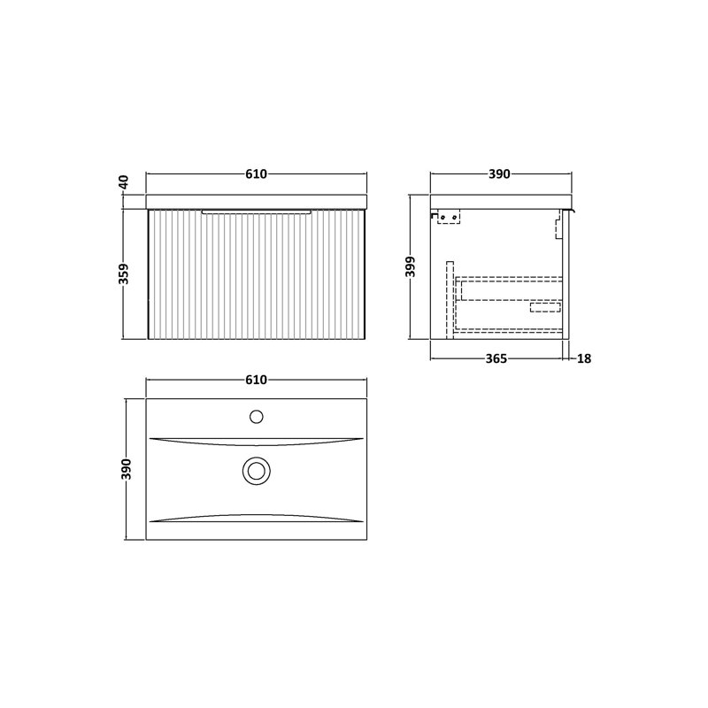 Fluted 610 mm Single Vanity with Drop In Basin, Satin White