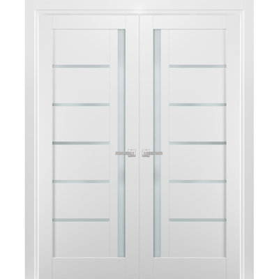 French Double Panel Lite Doors with Hardware Quadro 4088 White Silk with Frosted Opaque Glass Panel Frame Trims Bathroom Bedroom Interior Sturdy Door 60" x 80" (2* 30x80)
