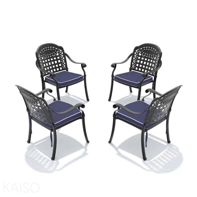 Chaise de patio en aluminium coulé 4 pièces avec cadre noir et coussins bleus, 4