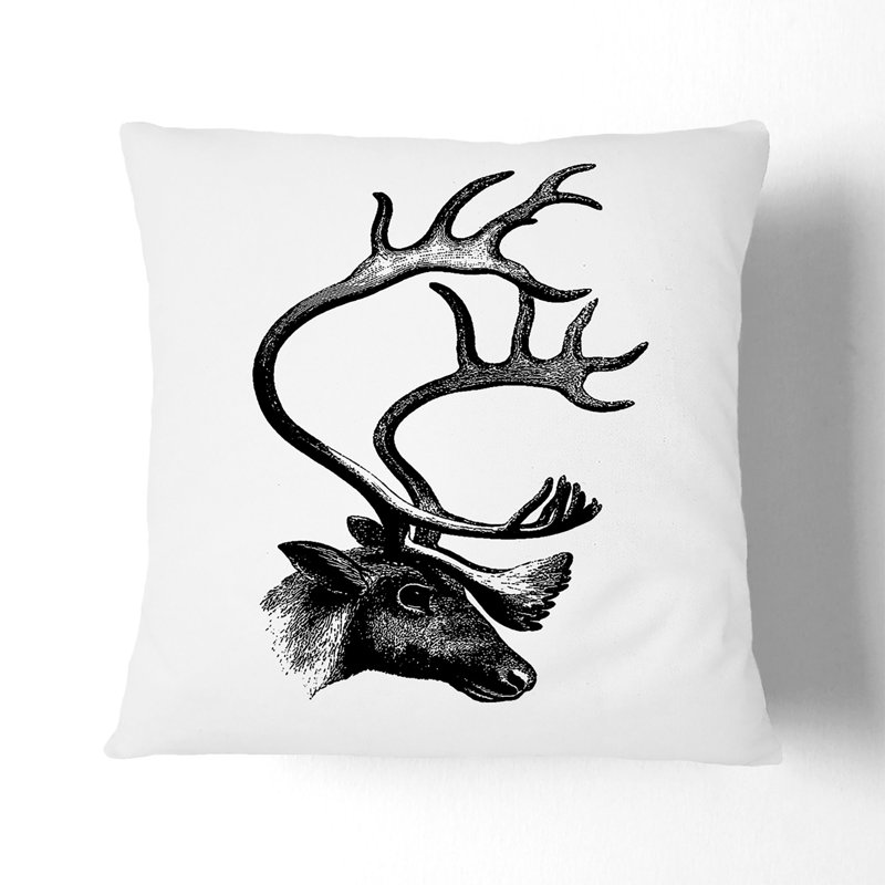 A Deer With Antlers Illustration In Black And White Square Throw Cushion, Black, 40 x 40 cm
