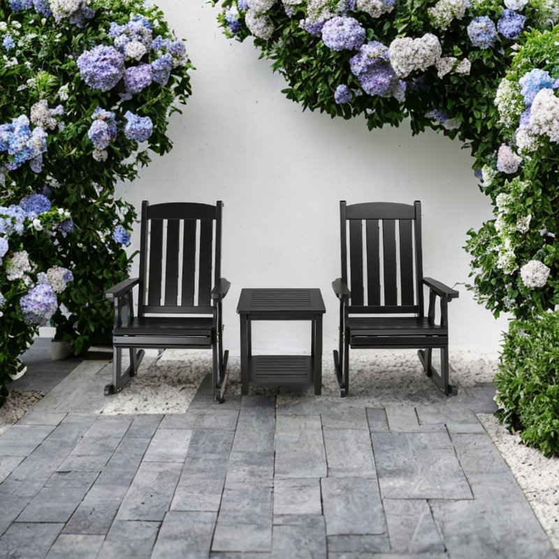 Ensemble de 3 chaises berçantes en bois massif pour patio, White