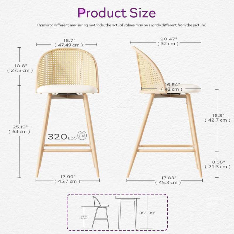 Rattan Backrest Barstools Set Of 2 With Faux Leather