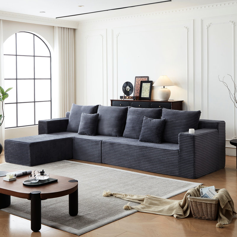 Canapé modulaire en velours côtelé gris avec porte-gobelets intégrés, sans assemblage, plusieurs variations de disposition en velours côtelé de 5 po, idéal pour les films et les collations