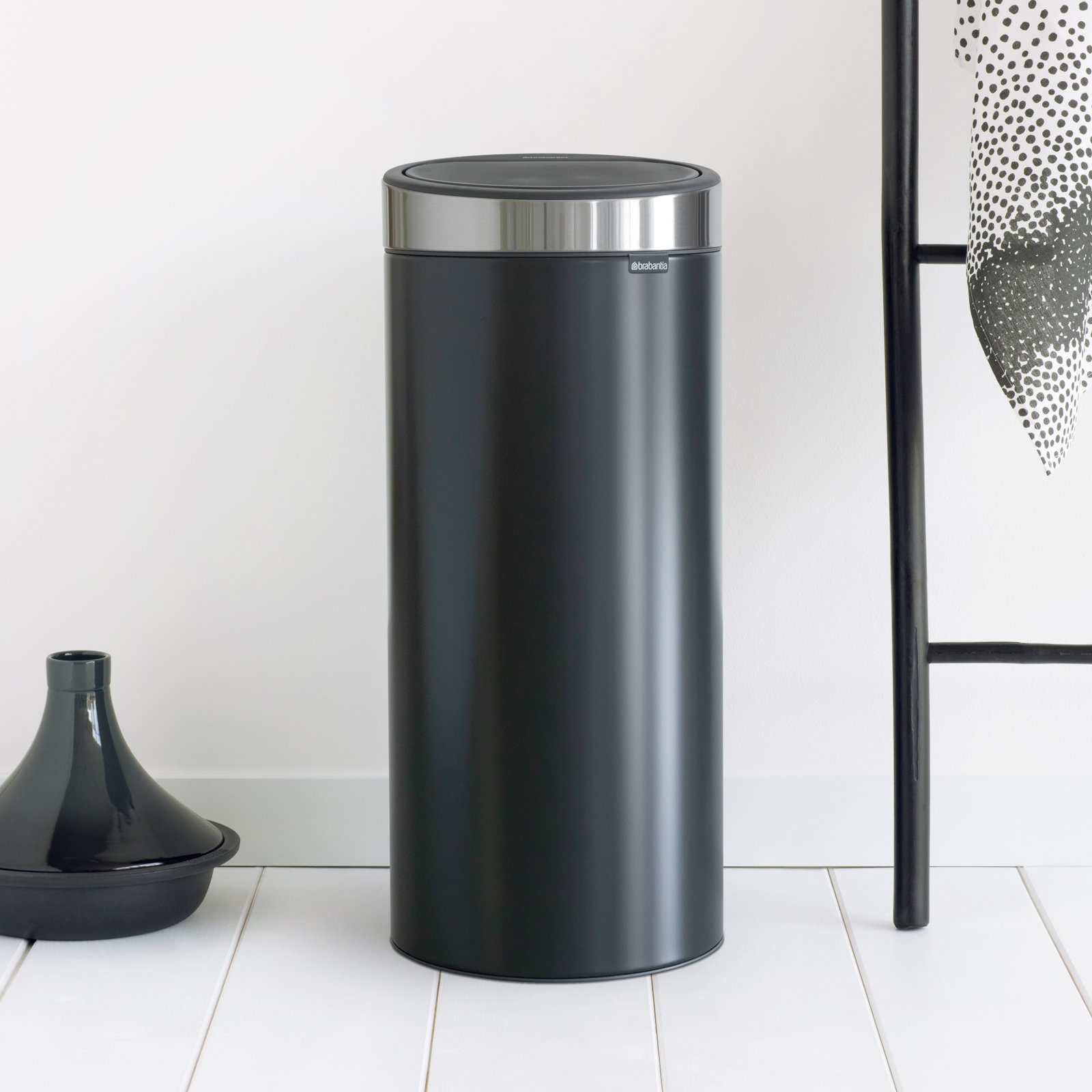 Brabantia 8gal Touch Top Trash Can, Matte Black/Silver